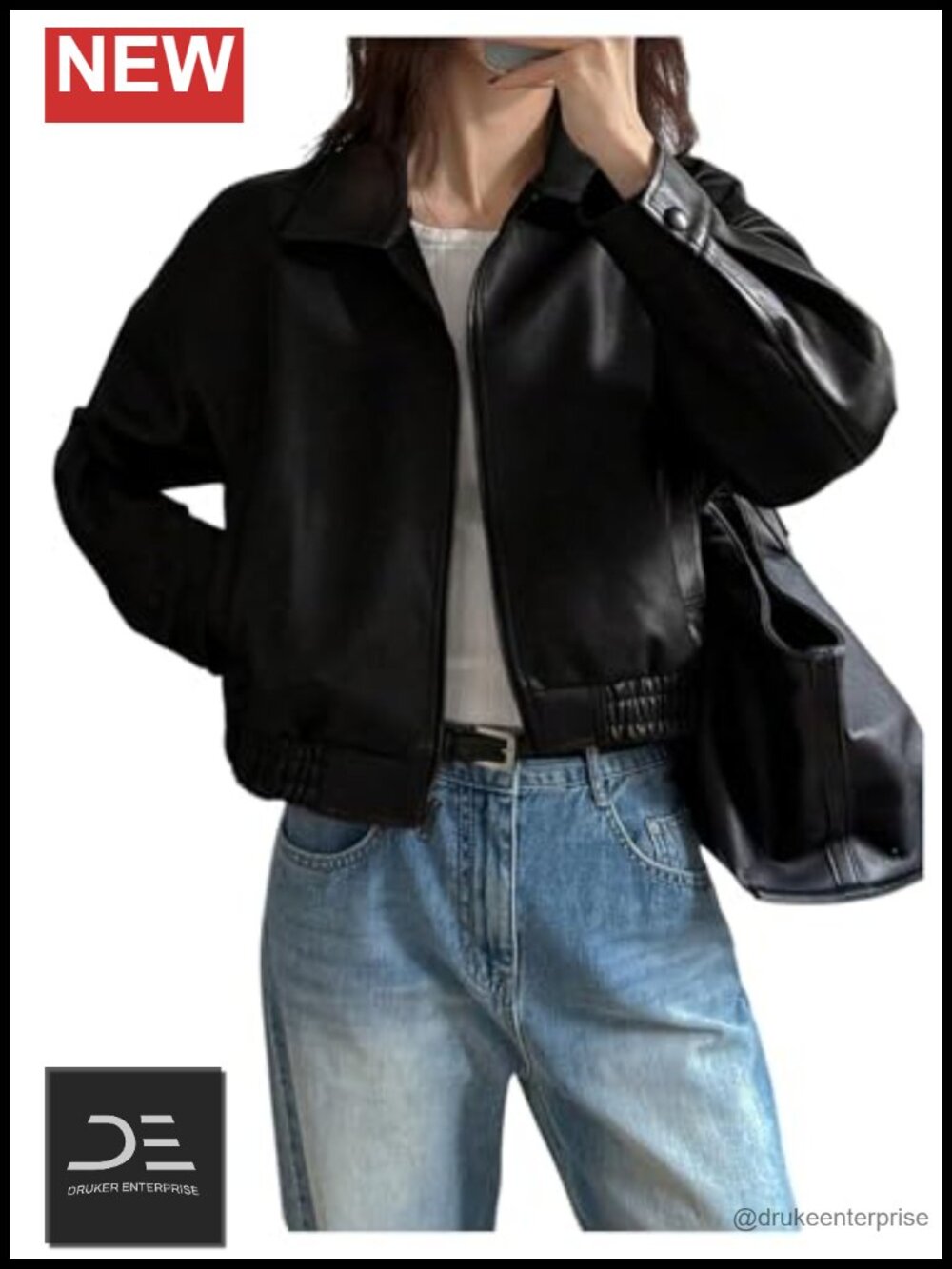 Faux Leather Zip Up Jacket Oversized Bomber Cropped Coat PU
